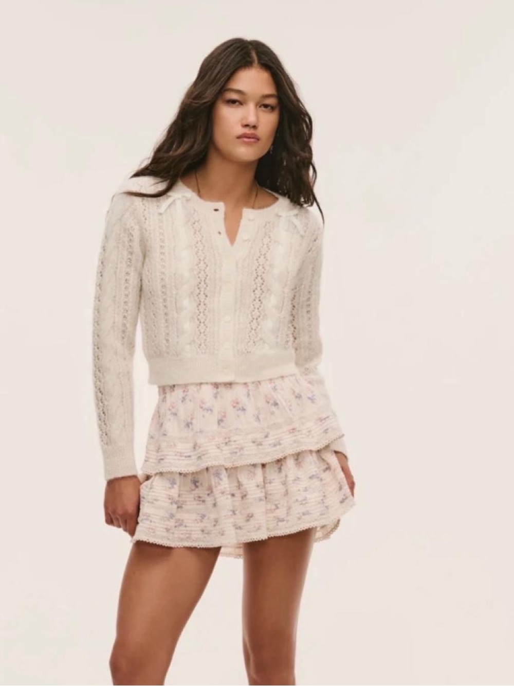 Love Shack Fancy Dione Alpaca-Blend Ribbon Cardigan in White